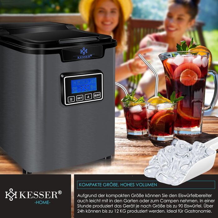 Машина для приготування льоду KESSER® з нержавіючої сталі, 150W, 12 кг/24 год, 3 розміри кубиків, 2.2 л резервуар, таймер, LCD-дисплей, аксесуари, чорний/антрацит