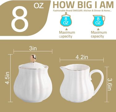 Sweejar Home Royal Ceramic Sugar and Creamer Set, 3-Piece Set with Cream Pitcher, Sugar Bowl, Sugar Set with Lid and Spoon, Coffee Service, Wedding Gift (White, New)