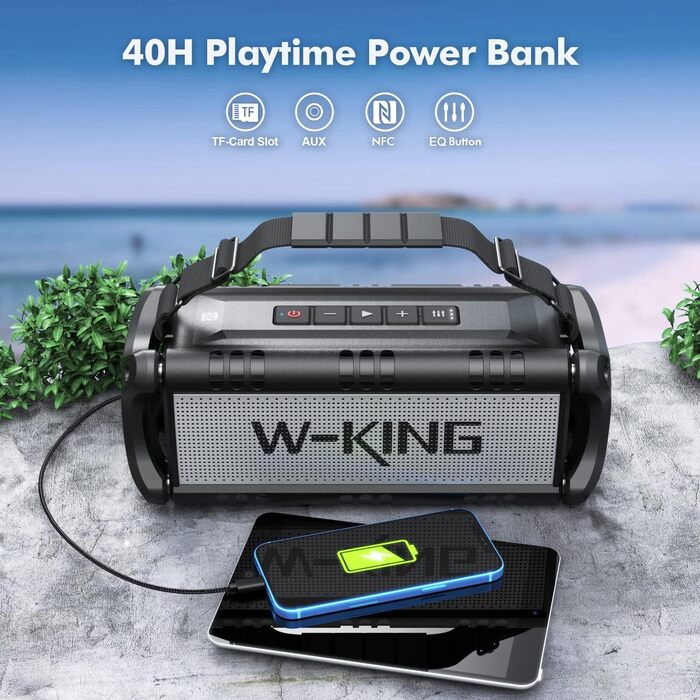 W-KING Портативна Bluetooth Колонка 90W з Глибоким Басом, 40 годин роботи, IPX6 Водостійкість, Powerbank, TF-карта, NFC, AUX, BT 5.0, EQ, для Outdoor, Зелений (Чорно-Білий)