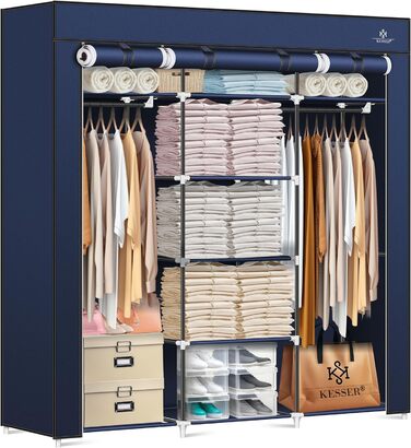 KESSER® Wardrobe Clothes Closet Stable with Clothes Rail & Shelves, Incl. 5x Clothes Hangers, Fabric Folding Closet for Bedroom, Dressing Room Wardrobe with Clothes Rack 150x45x175cm Navy Blue
