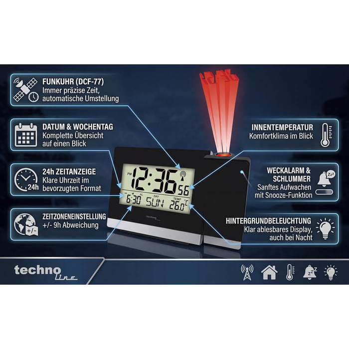 Радіокерований будильник-проектор Technoline WT 536 з проекцією часу, термометром, функцією Snooze та підсвіткою, чорний