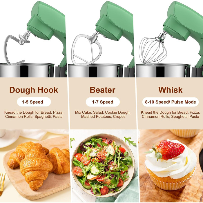 Кухонна машина/міксер Facelle 1500W з 5.5L та 4.5L чашами, 10+ програм, тиха робота, з набором насадок (зелено-сірий)
