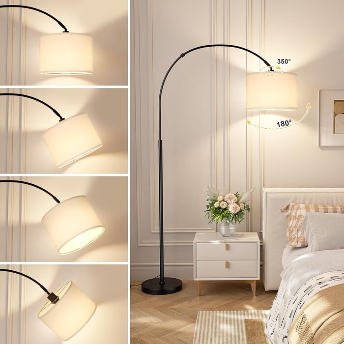 Торшер для вітальні Stehlampe з димером, LED E27, пульт ДУ, 3000K-6000K, бежевий (білий абажур + чорна база). Регульований кут нахилу 350°, висота 180 см.