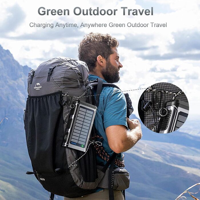 Сонячний Powerbank 26800 mAh з ручним генератором та 4 кабелями, водонепроникний зовнішній акумулятор для телефону, кемпінгу, подорожей (сріблястий)