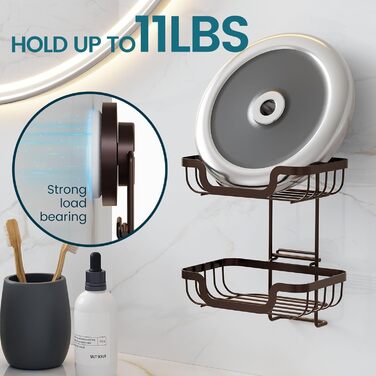 TAILI Shower Soap Dish with Drain and Hook, MAX Holds 5 KG, Stainless Steel Soap Dishes No Drilling, Bathroom Soap Holder Wall Mount, Double Soap Holder with Suction Cup, Sponge Holder, Brown