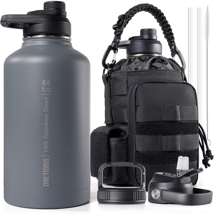 OneTigris Stainless Steel Water Bottle, 1.9L High Capacity, Insulated Sports Bottle for Cycling, Camping, Yoga, Gym, Softair, OD Green, 64oz (Gray)