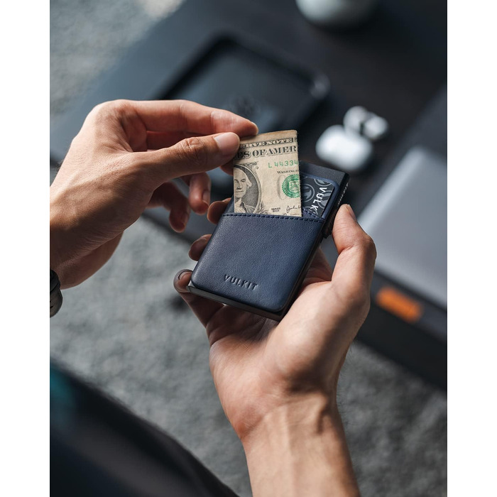 Кредитне портмоне для чоловіків VULKIT з автоматичним витягуванням карт, RFID NFC захистом, шкіряний фантик, на 5-9 карт (блакитний)