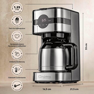 Кавомашина Barista Filterkaffeemaschine з термоканавою, таймер 24 год, постійний фільтр, для 8 чашок кави, для кавової гущі [з нержавіючої сталі] 2) Термокана з нержавіючої сталі