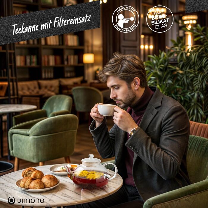 Скляний чайник Dimono з фільтром для заварювання чаю, об'єм 1500 мл, ручна робота