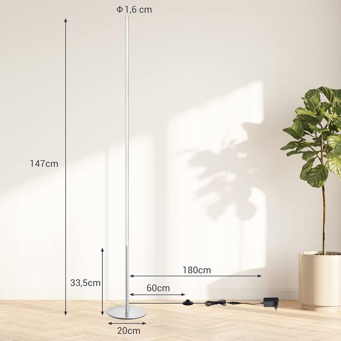 LED торшер Edishine для вітальні, спальні, офісу, 146 см, регулювання яскравості, тепле світло 3000K, з вимикачем на ніжці, срібний (2 шт.)