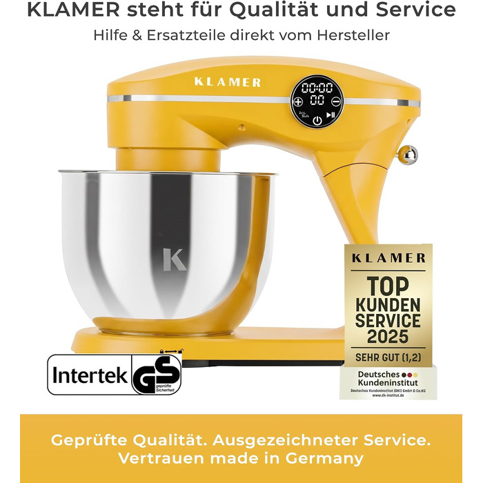 Кухонний комбайн KLAMER 1800W, планетарний міксер для тіста з чашею з нержавіючої сталі 6л (Premium Yellow)