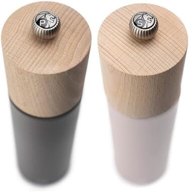 PEUGEOT - Duo Boreal 21 cm Pepper Grinder + Salt Grinder - Stainless Steel Funnel - Classic Setting - PEFC Certified Beechwood - French Know-How - Grey Rock & Pale Pink