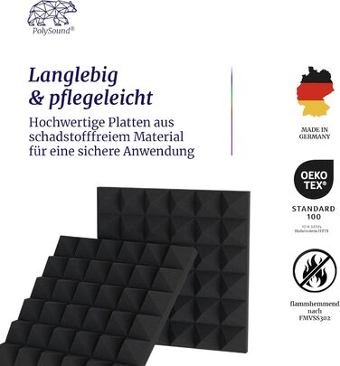 Акустичні пірамідні панелі PolySound для студії, подкастів та домашнього кінотеатру, шумопоглинаючий пінополіуретан, 48 шт, 30x30x6 см, чорний