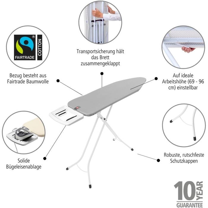 Гладильна дошка Brabantia Bügelbrett B, 124 x 38 см – металізована, 100% Fairtrade-бавовна, стабільна, регульована висота, з підставкою для праски