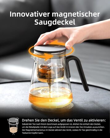 Чайник ZENS Magic з боросилікатного скла з ситом, 800 мл, з магнітним кришкою та ручкою з чорного горіха, для заварювання листового чаю