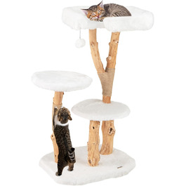 Дерев'яний кігтеточка для котів SOARS з 3-ма природними стовбурами, ліжко для котів та плюшеві поверхні, кігтеточка з іграшковим м'ячиком та джутовим мотузком, багатоповерхова, 59 x 49 x 110 см, білий колір