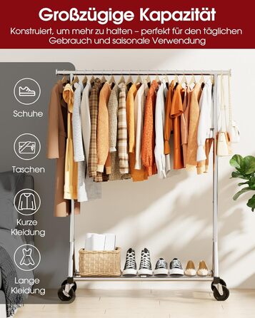 Стійка для одягу на колесах – міцна вішалка для одягу з металевої сітки, багатофункціональна стійка для гардеробу в спальню, пральню, магазин, 110 x 42 x 163.3 см, срібна