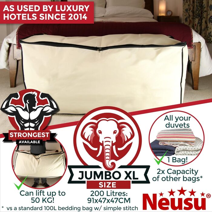 Neusu XXL сумка для зберігання 200 л, 91x47x47 см, міцна 600D, для постільної білизни, одягу, подорожей, до 50 кг, захист від бруду і плісняви, бежева