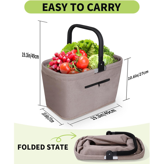 Складаний кошик для покупок 35L з 2 стійками, стабільний сімейний кошик з алюмінієвою ручкою, водонепроникний кошик для пікніка, практичний кошик для перенесення, великий для подорожей, кемпінгу, покупок, подарунка - Хакі