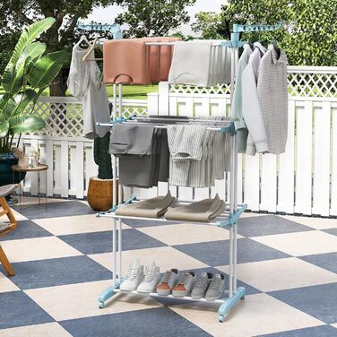 Сушарка для білизни GOPLUS 4-ярусна розкладна з 2 вішалками для одягу, 3 висувними полицями та полицею для взуття, з 4 колесами для використання в приміщенні та на вулиці (Синій колір)