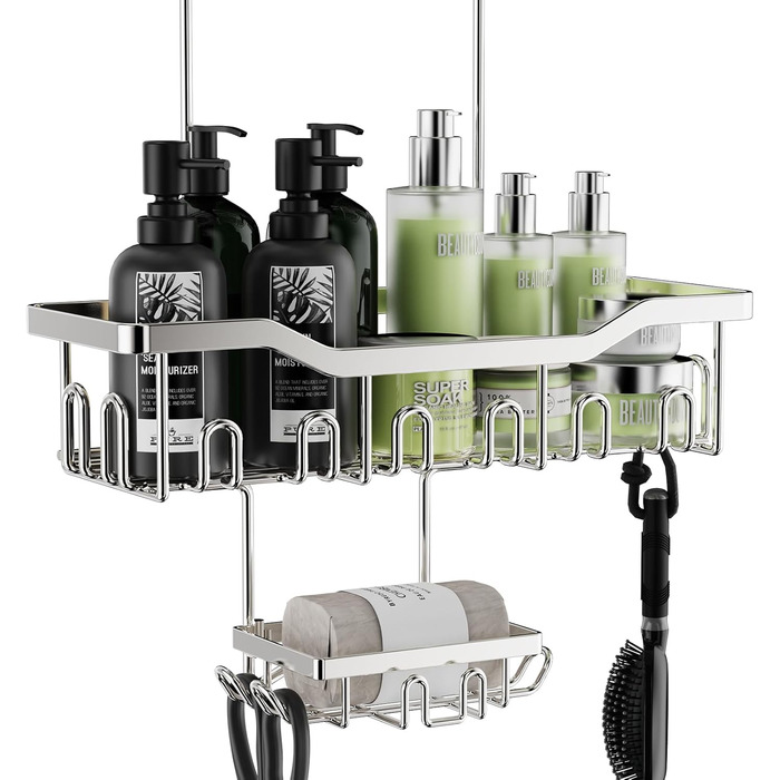 ZUIMENG Shower Shelf, 3 Tier Shower Caddy, No Drilling Shower Shelf, Bathroom Shelf Shower Basket Hanging, Shampoo Holder Shower Hanging Shelf for Glass Door Shower Wall with Soap Dish and Hooks (Silver)