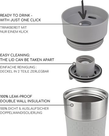 Термокружка Milu 450 мл з нержавіючої сталі, ізольована, без витоку, для кави з собою, автотермос, travel mug (з можливістю гравіювання, сірий)