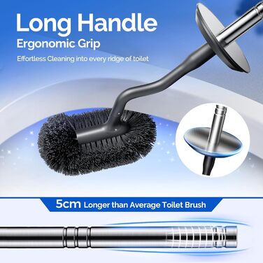 Набір для чищення унітазу HAMITOR з нержавіючої сталі: щітка для унітазу з кріпленням на стіну без свердління, для глибокого очищення під краєм, з швидковисихним підставкою, довга ручка для ванної кімнати - 2 шт (срібний)