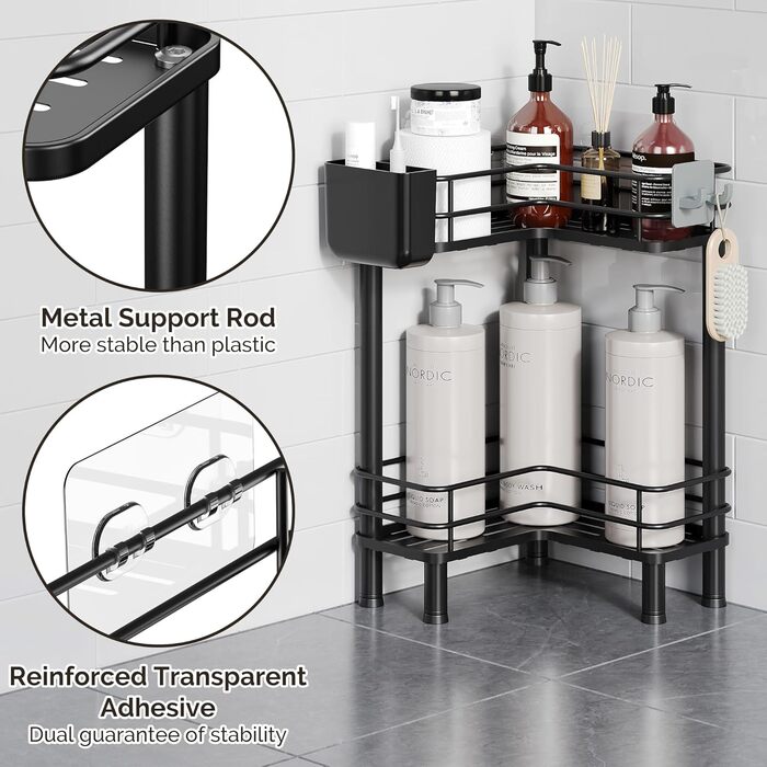 Набір з 3 полиць для душу Orimade, нержавіюча сталь, кутова, без свердління, чорний колір