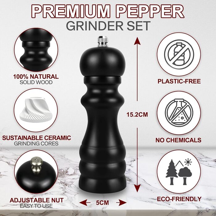 Набір з 2 шт. ручних мельниць для солі, перцю та чилі - дерев'яні солянки та перечниці, класичне регулювання помелу, для солі, перцю, чилі, чорний та білий колір
