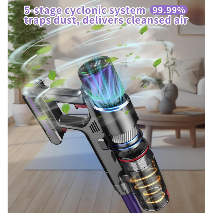 Бездротовий акумуляторний пилосос 550W, потужність 50Kpa, без мішка, з сенсорним екраном, антинамотування, для килимів, твердих поверхонь, авто