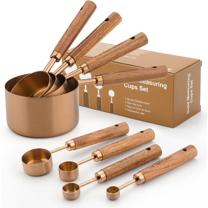 Gold Measuring Cup and Spoon Set with Wooden Handles, Premium Stainless Steel Measuring Spoons and Cups Set, for Cooking and Baking in the Kitchen (Bronze)