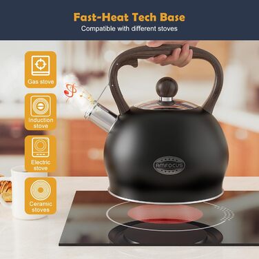 Чайник-свисток Teekessel Pfeifende Teekanne для плити, 2.64 л, нержавіюча сталь, ручка з дерев'яним декором, чорний