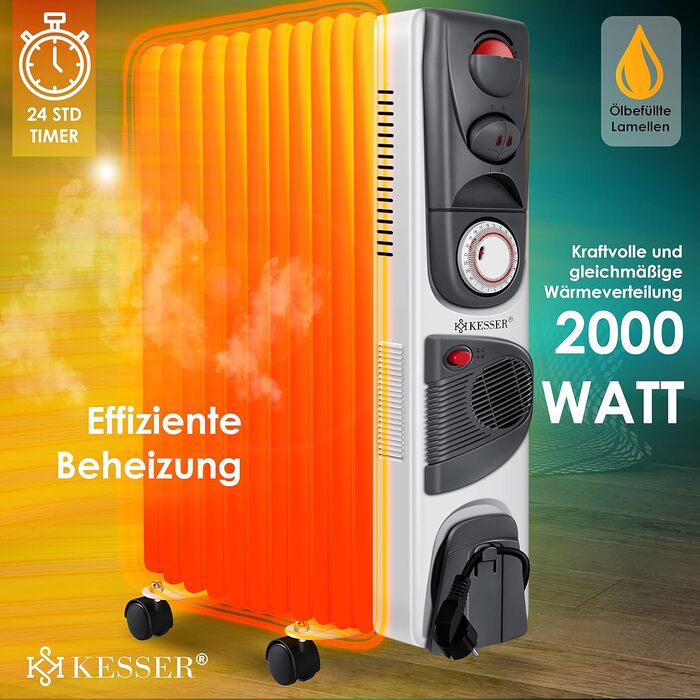Електричний масляний радіатор KESSER® 2500W з вентилятором, 11 ребер, білий. Масляний обігрівач з таймером, регулюванням температури та захистом від перегріву.