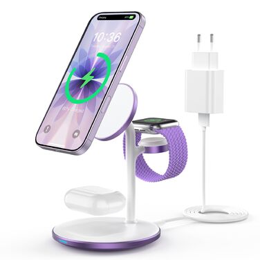3-в-1 Бездротова Зарядка для Багатьох Пристроїв: iPhone, iWatch, AirPods (15W, MagSafe, Lila)