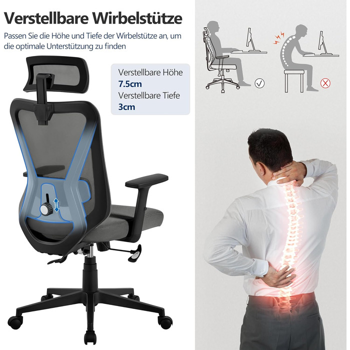 Офісне крісло Yaheetech ергономічне, регульована спинка, підголівник, підлокітники, поперекова підтримка, поворотне, регулювання нахилу 90°-130°, чорне