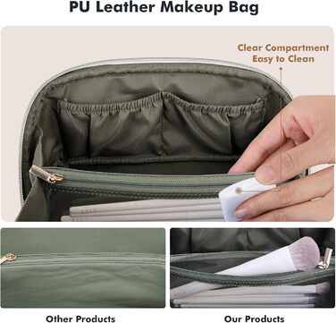 Косметичка для подорожей великого об'єму з прозорими перегородками, зелена квітка, водонепроникна, з PU-шкіри