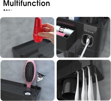 IHave Toothbrush Holder for Bathroom Storage, 3 Cup Toothbrush Holder Wall Mounted with Automatic Toothpaste Dispenser, Large Capacity Toothbrush Holder Bathroom Accessories Black