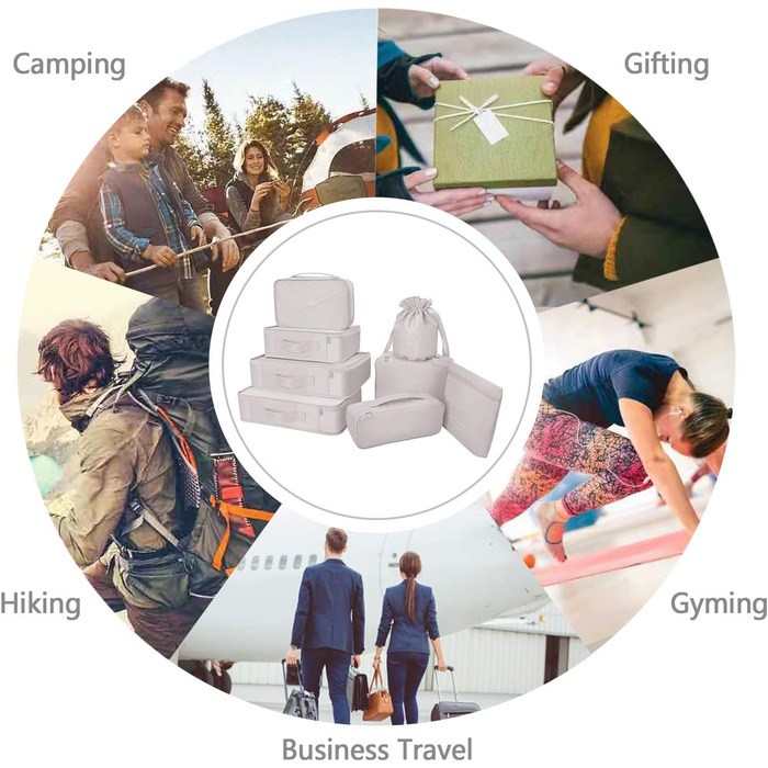 Органайзери для валіз: 8 комплектів, 7 кольорів. Організатори для подорожей, мішки для взуття, компресійні мішки. Сірий колір.