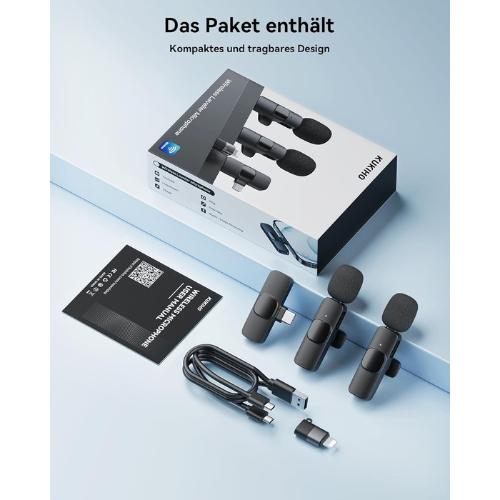 Бездротові петличні мікрофони 2 шт. для iPhone/iPad/Android, з шумозаглушенням, Plug-and-Play, для відео, подкастів, YouTube, TikTok, Vlog, чорний