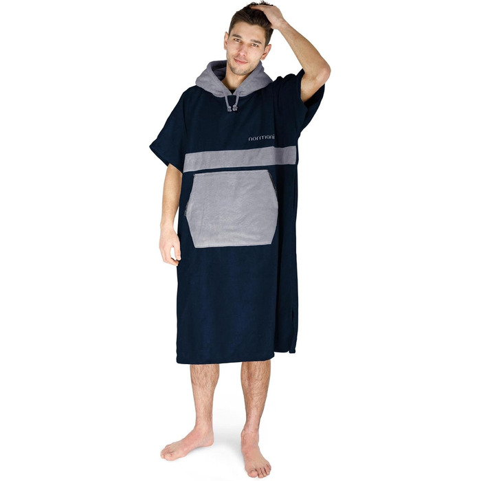 Normani Cotton Surfer Poncho - Beach Poncho - Towel Poncho - Unisex Changing Aid - Closed Robe for Women and Men Color Navy/Gray Size L-XL