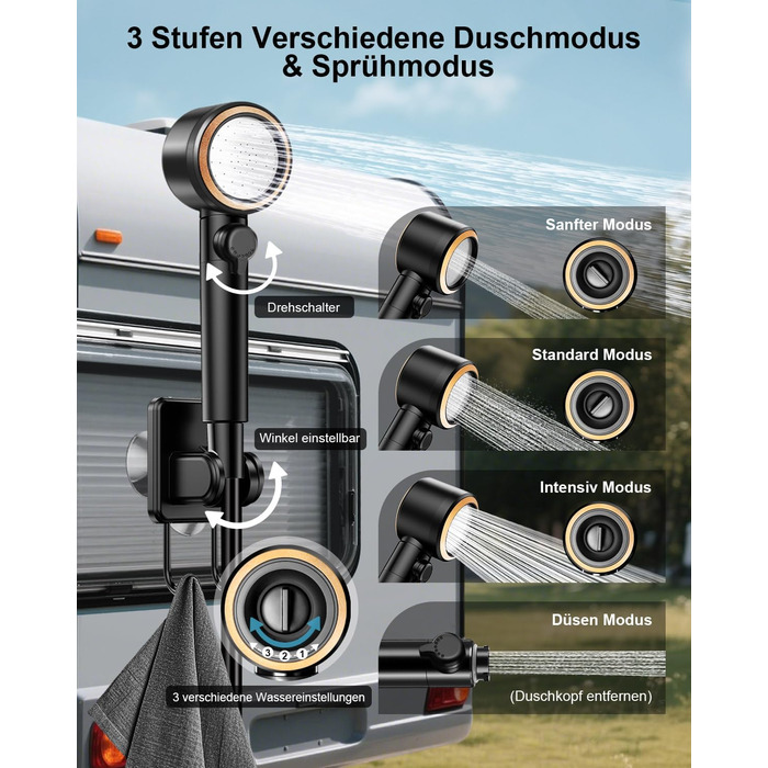 Портативна кемпінгова душ AUTOPkio з акумулятором 8000mAh, насосом та дисплеєм. IPX8, водонепроникна для відпочинку на природі, миття авто та домашнього використання. Чорний колір