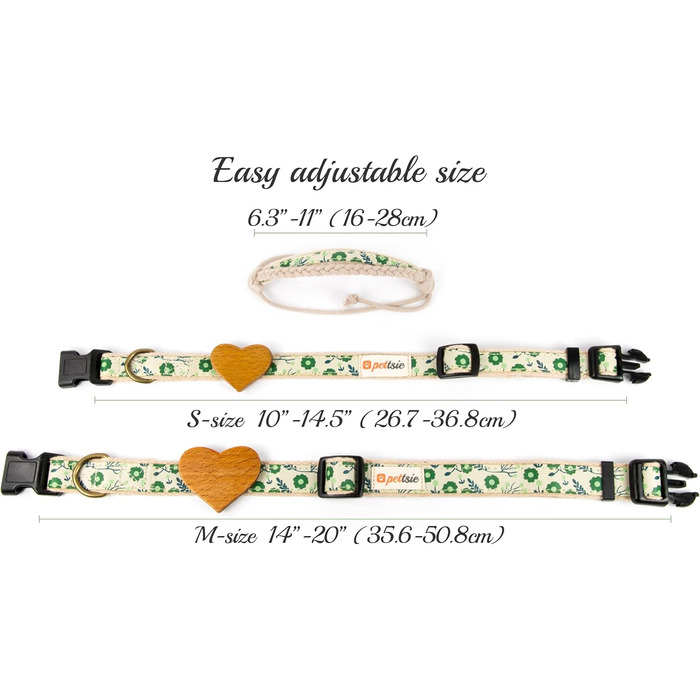 Нашийник для собак Pettsie з серцем та браслетом дружби, регульовані розміри S та M, комфортний дизайнерський льон, міцний та довговічний, чудовий подарунок для любителів собак (35,6 - 50,8 см (M), Зелений)