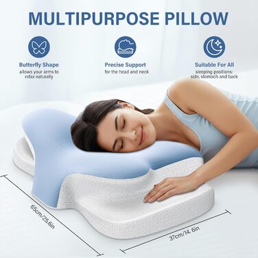 Подушка для шиї Ehomfory з ефектом пам'яті, дихаюча, ергономічна, для сну на боці, спині та животі (Блакитна)