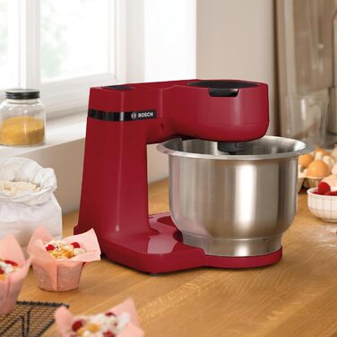 Кухонний комбайн Bosch Serie 2 MUMS2ER01, 700 Вт, 3,8 л, з нержавіючої сталі, планетарний міксер, насадки для замішування тіста, збивання та різання, 3 диски, червоний
