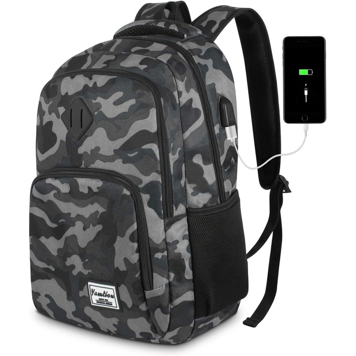 Чоловічий рюкзак YAMTION для школи, подорожей, кемпінгу: USB-зарядка, 17.3 дюйми, камуфляжний дизайн, чорний