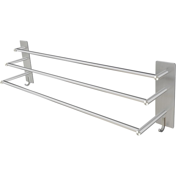 Тримач для рушників Vista з 3-ма перекладинами, 75 см, SUS304 нержавіюча сталь, без свердління, з двома гачками, сріблястий, для ванної, кухні, спальні