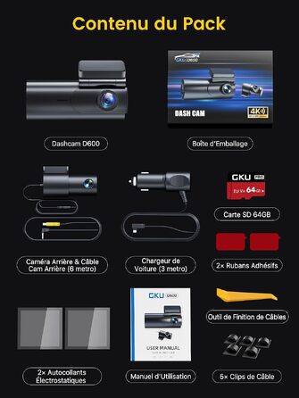 Автомобільний відеореєстратор GKU 4K+1080P (передній та задній), 5GHz WiFi, з картю пам'яті 64GB, глянцевий чорний