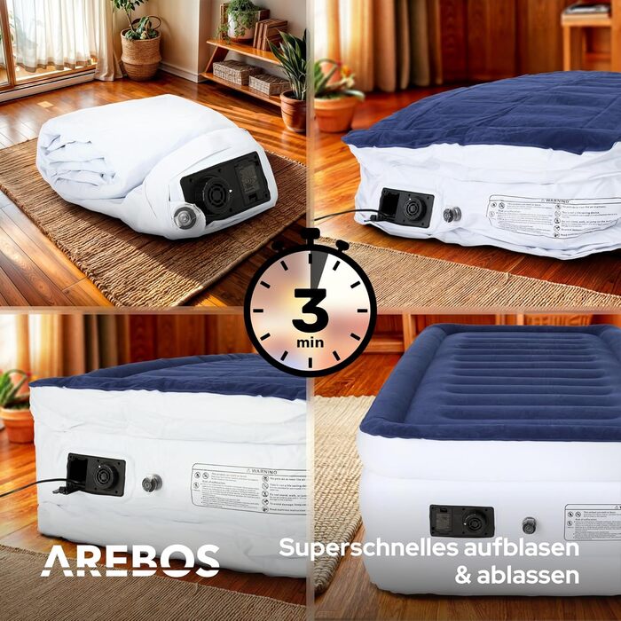 Надувний матрац Arebos | Самостійно надувний матрац 203 × 95 × 51 см, для 1 особи | Гостьовий матрац з електричним насосом | Надувний матрац з сумкою для перенесення, для кемпінгу/дому (Синій/Білий)