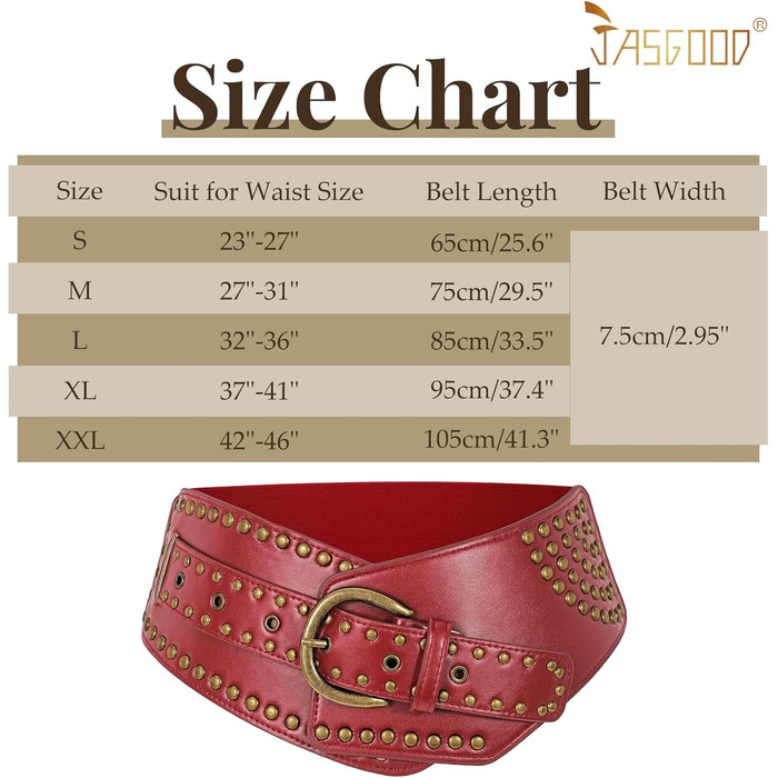 Жіночий вінтажний широкий еластичний пояс JASGOOD з пряжками, стрейч-пояс для карнавалу та косплею, 95 см (для розміру талії 93-104 см) (Бордовий, 65 см: для розміру талії 58-68 см)