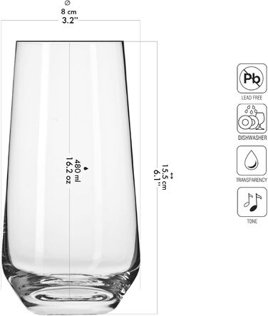 Krosno Water Glasses Highball Glasses Drinking Glasses | Set of 12 | 480 ML | Splendour Collection | Perfect for home, restaurants, and parties | Dishwasher safe